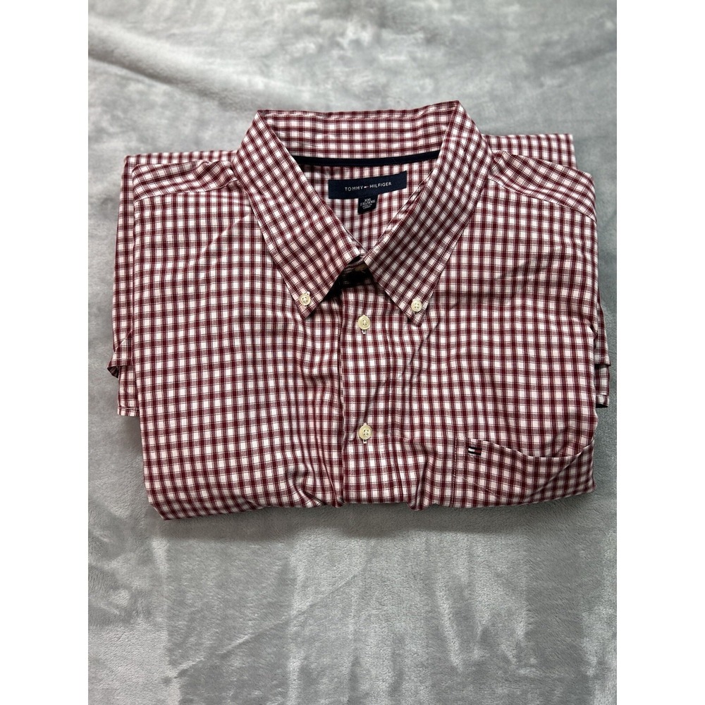 Tommy Hilfiger Mens Sz XXL Long Sleeve Button Up Designer Shirt Red Check Plaid